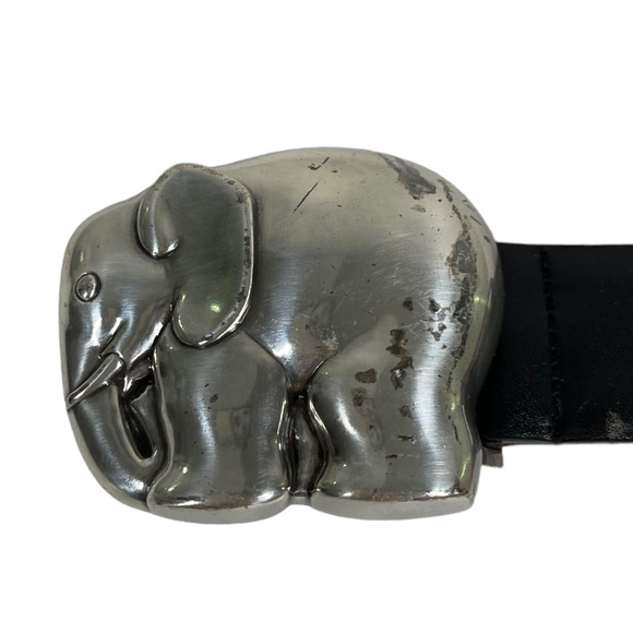 W. Kleinberg Elephant Buckle Black Leather Belt Large USA Made Luxury Chic